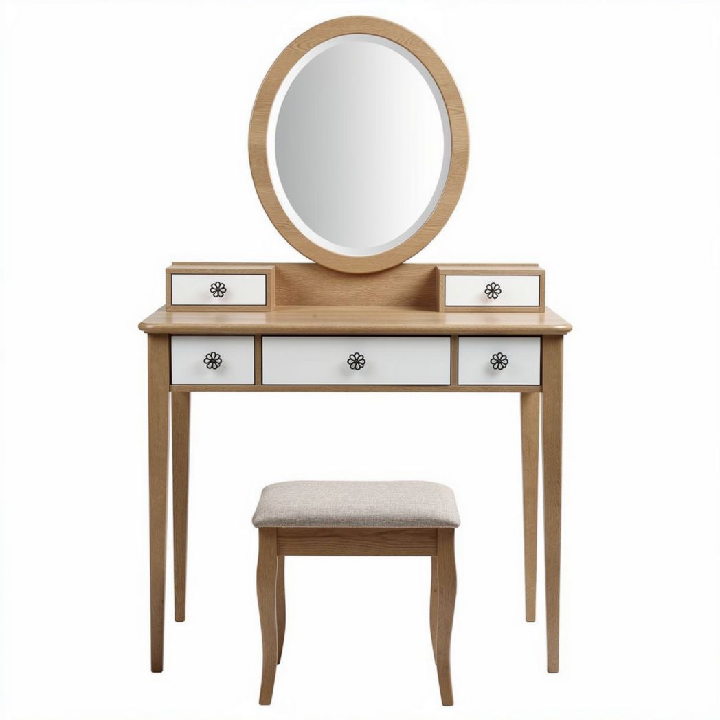 Coiffeuse en bois avec miroir rond et tabouret rembourré 80 x 40 x 140cm