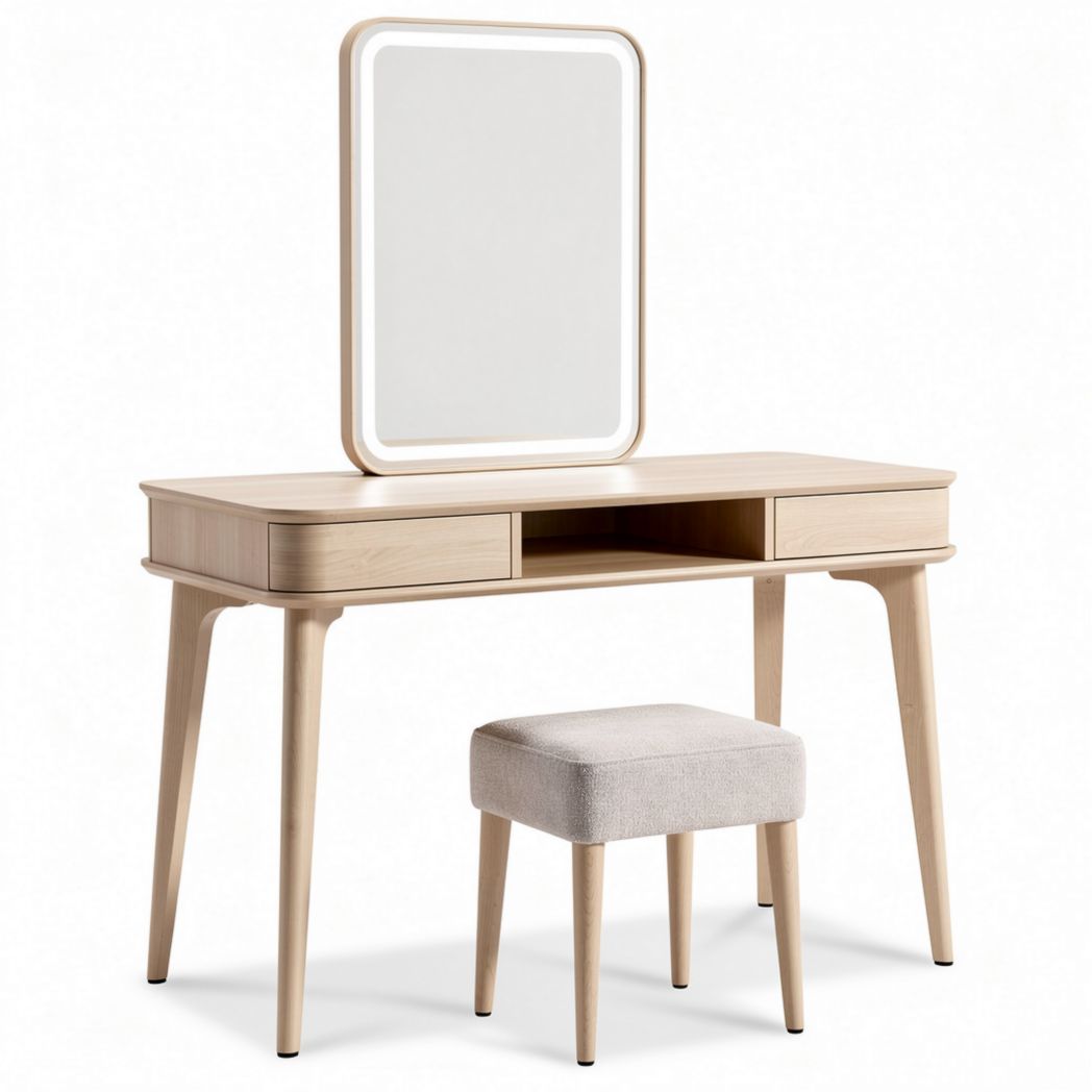 Coiffeuse en bois clair avec miroir et tabouret de dimensions 120 x 40 x 75cm