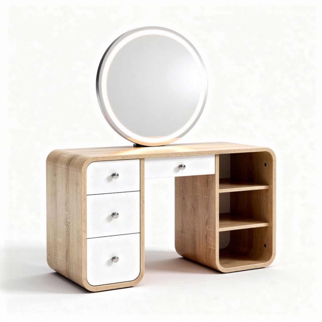 Coiffeuse en bois clair avec miroir rond et rangements intégrés 100 x 40 x 75cm
