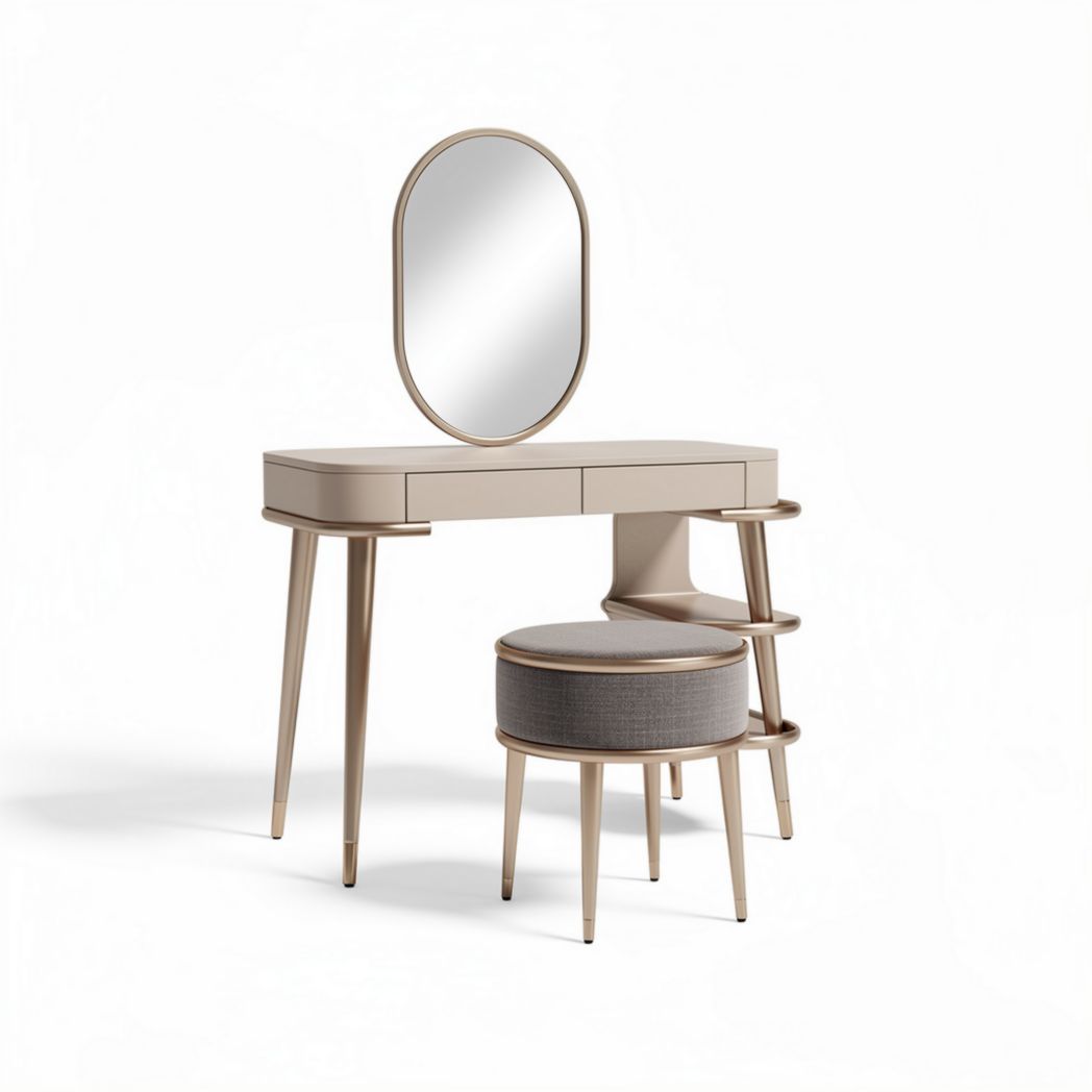 Coiffeuse moderne avec miroir ovale et pouf en tissu gris 75 x 40 x 130cm