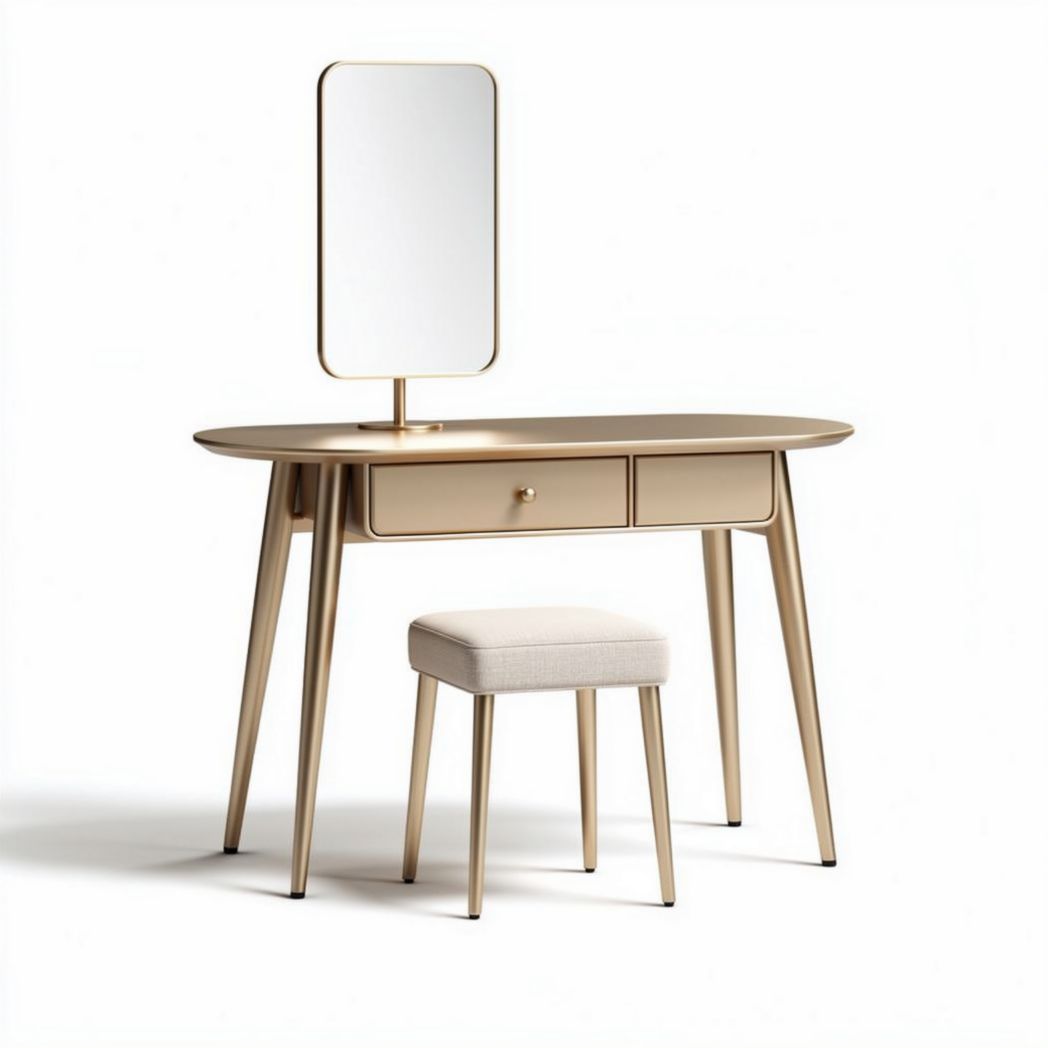 Coiffeuse en métal doré avec miroir et tabouret en tissu 100 x 45 x 75cm