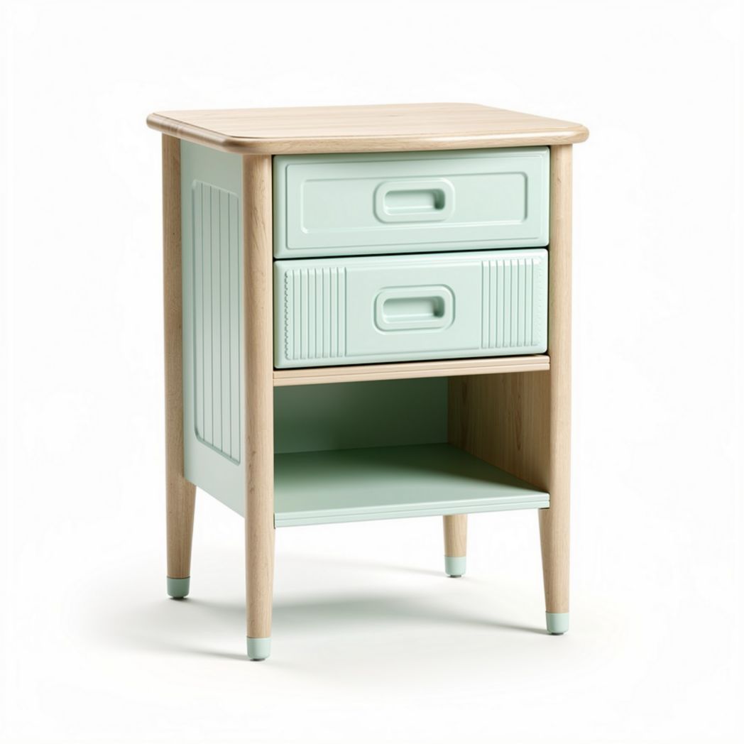 Table de chevet en bois avec deux tiroirs et étagère ouverte couleur menthe dimensions 40 x 35 x 50cm