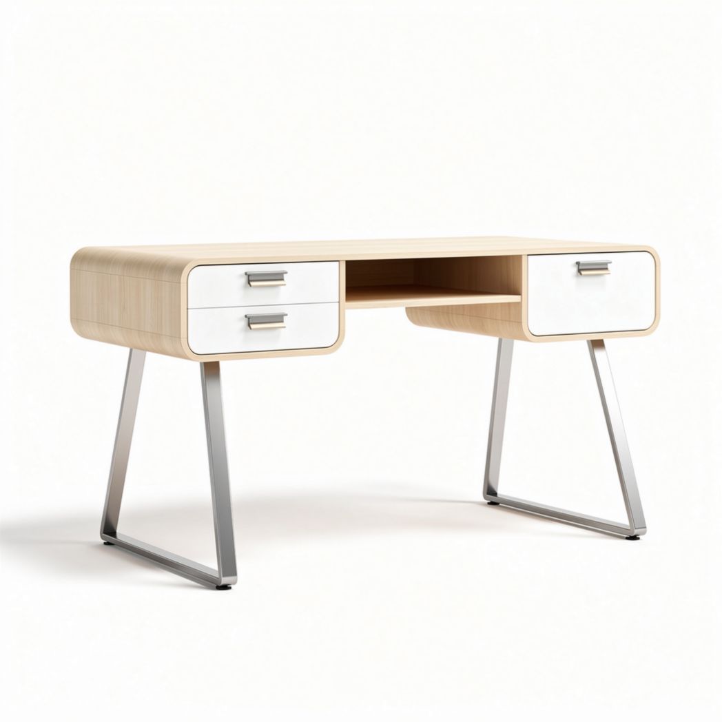 Bureau en bois avec tiroirs blancs et structure en métal argenté 120 x 60 x 75cm
