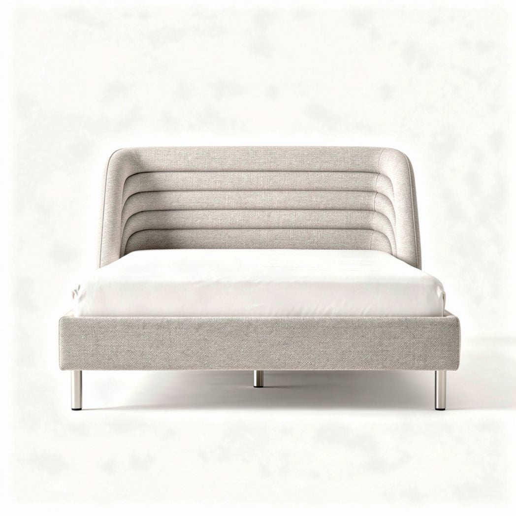 Lit en tissu gris avec tête de lit rembourrée et dimensions 200 x 160 x 90cm