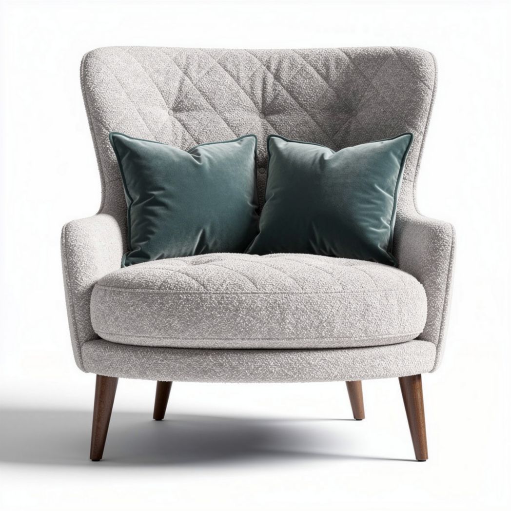 Fauteuil en tissu beige avec coussins en velours vert dimensions 80 x 80 x 90cm